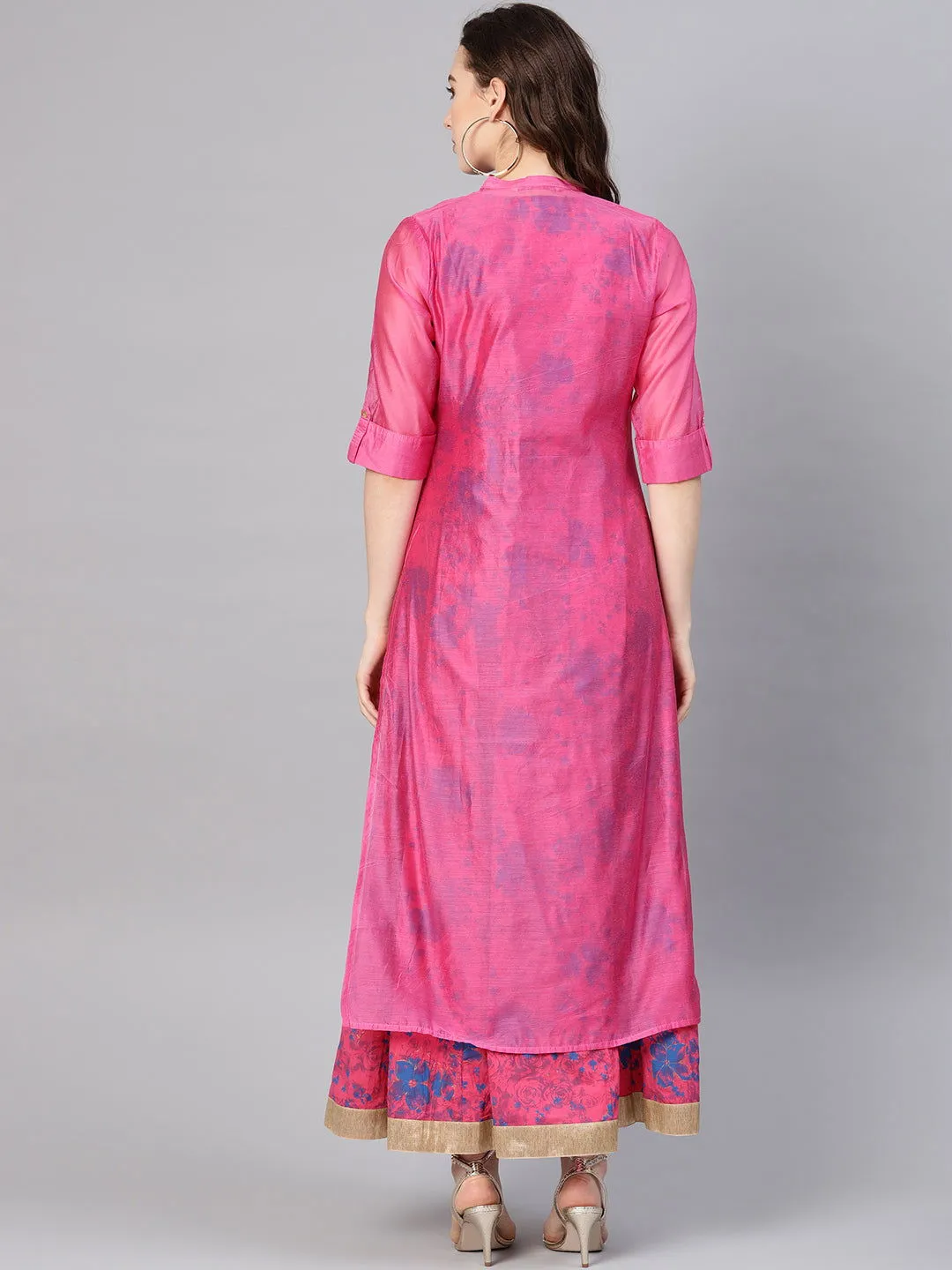 Jashvi Fuchsia Chanderi Ethnic Motif Printed Layered Maxi Dress With Thread Work Embroidery