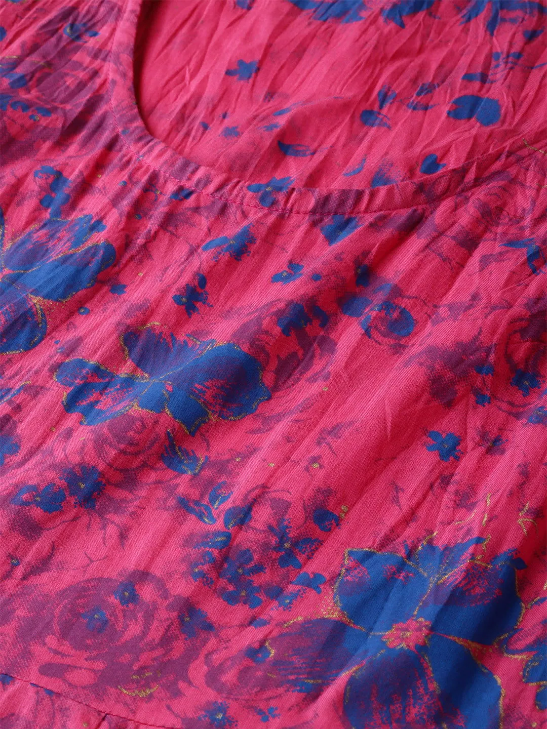 Jashvi Fuchsia Chanderi Ethnic Motif Printed Layered Maxi Dress With Thread Work Embroidery