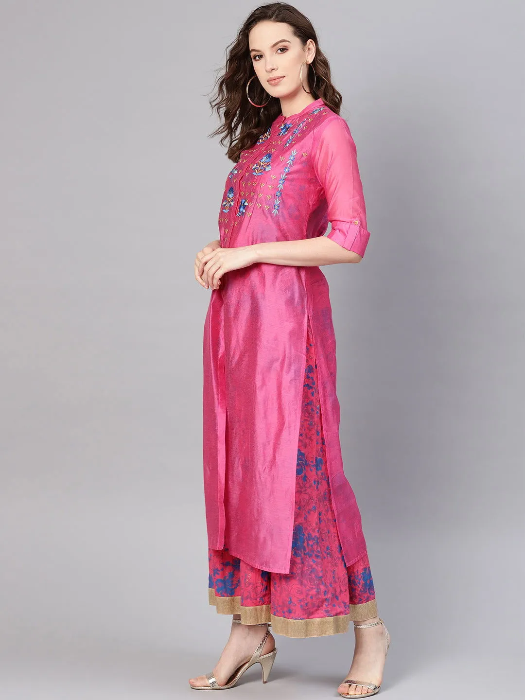 Jashvi Fuchsia Chanderi Ethnic Motif Printed Layered Maxi Dress With Thread Work Embroidery