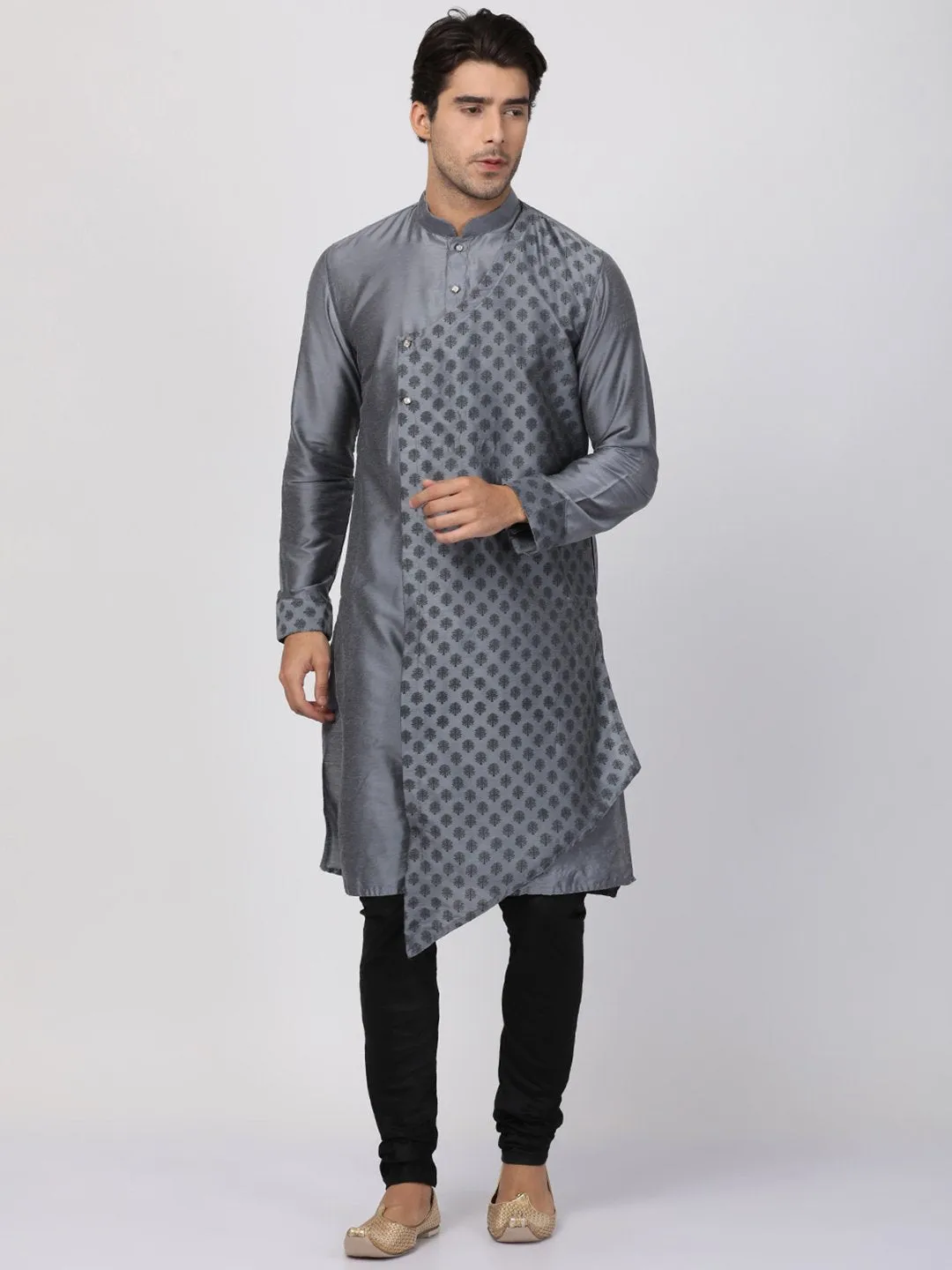 Jashvi Men's Grey Cotton Silk Blend Kurta and Churidar Set