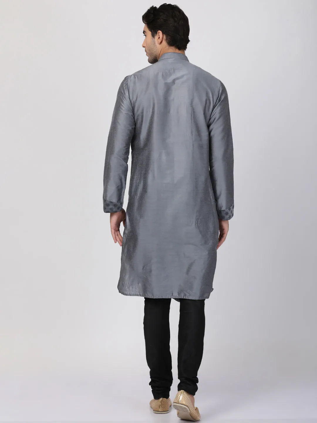 Jashvi Men's Grey Cotton Silk Blend Kurta and Churidar Set