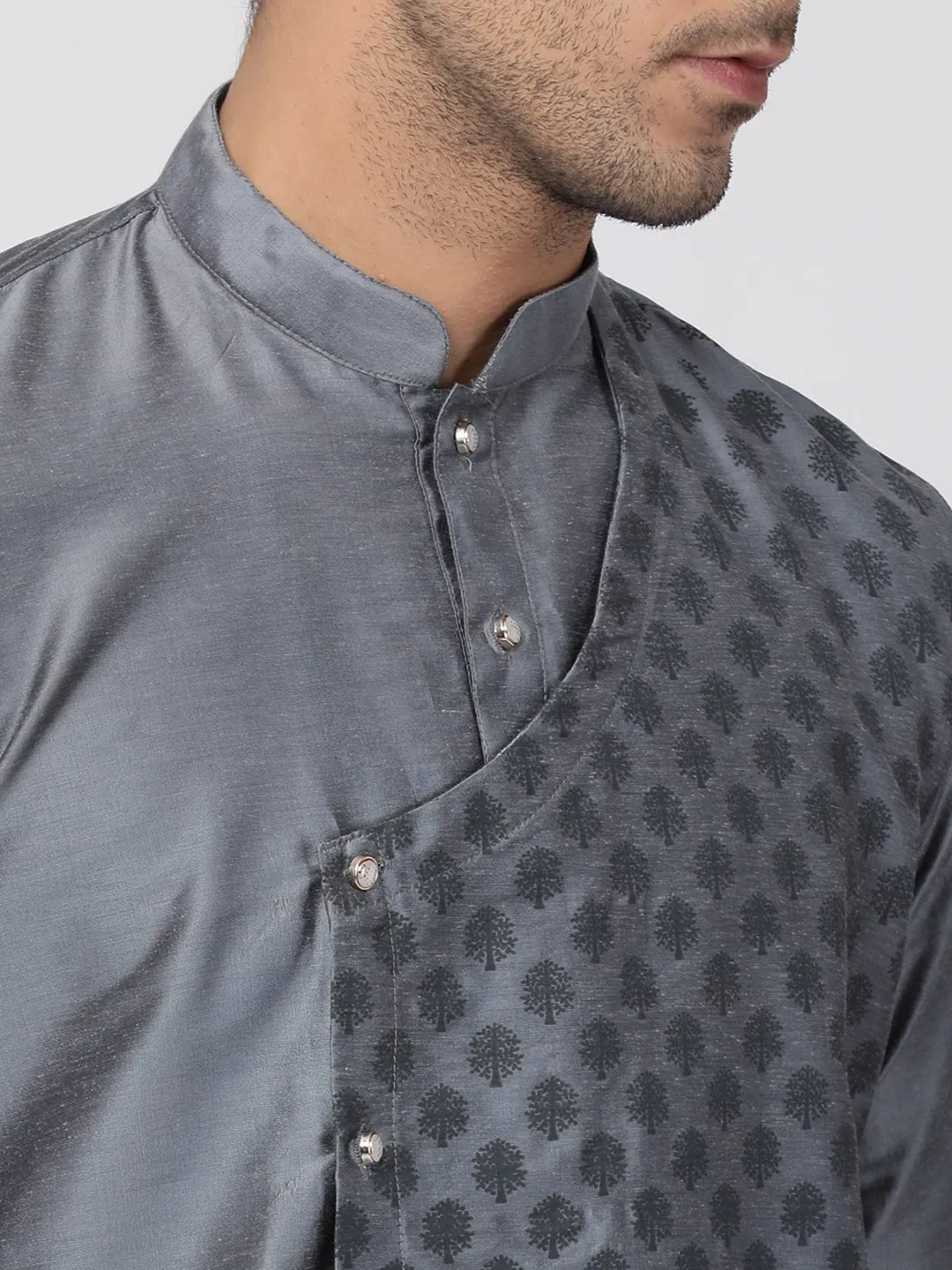 Jashvi Men's Grey Cotton Silk Blend Kurta and Churidar Set