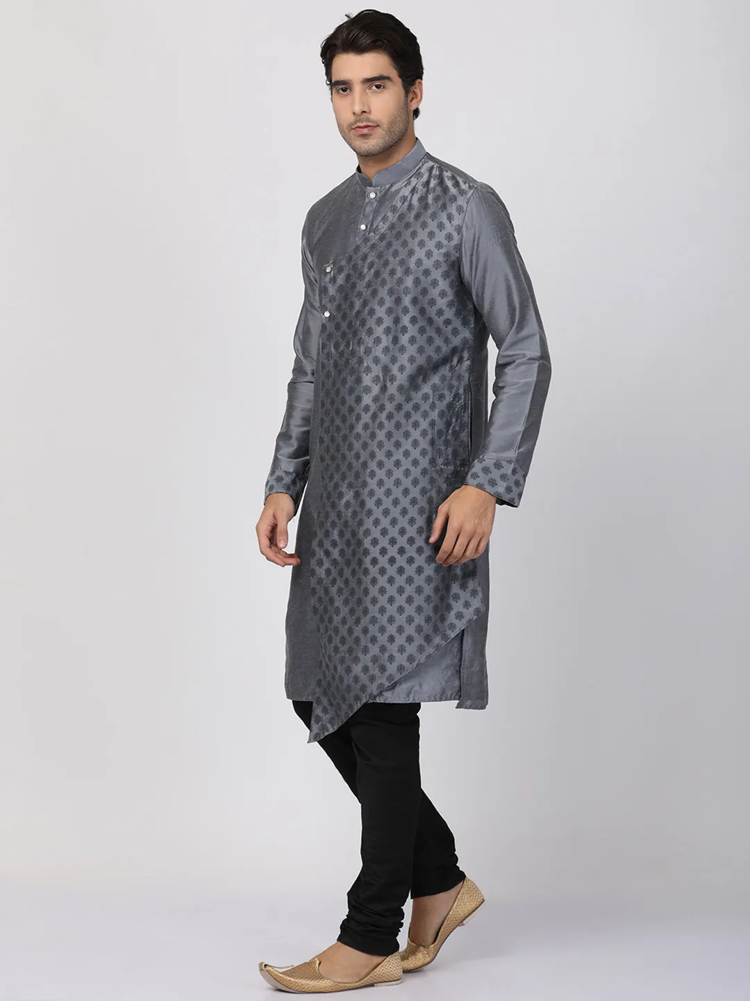 Jashvi Men's Grey Cotton Silk Blend Kurta and Churidar Set