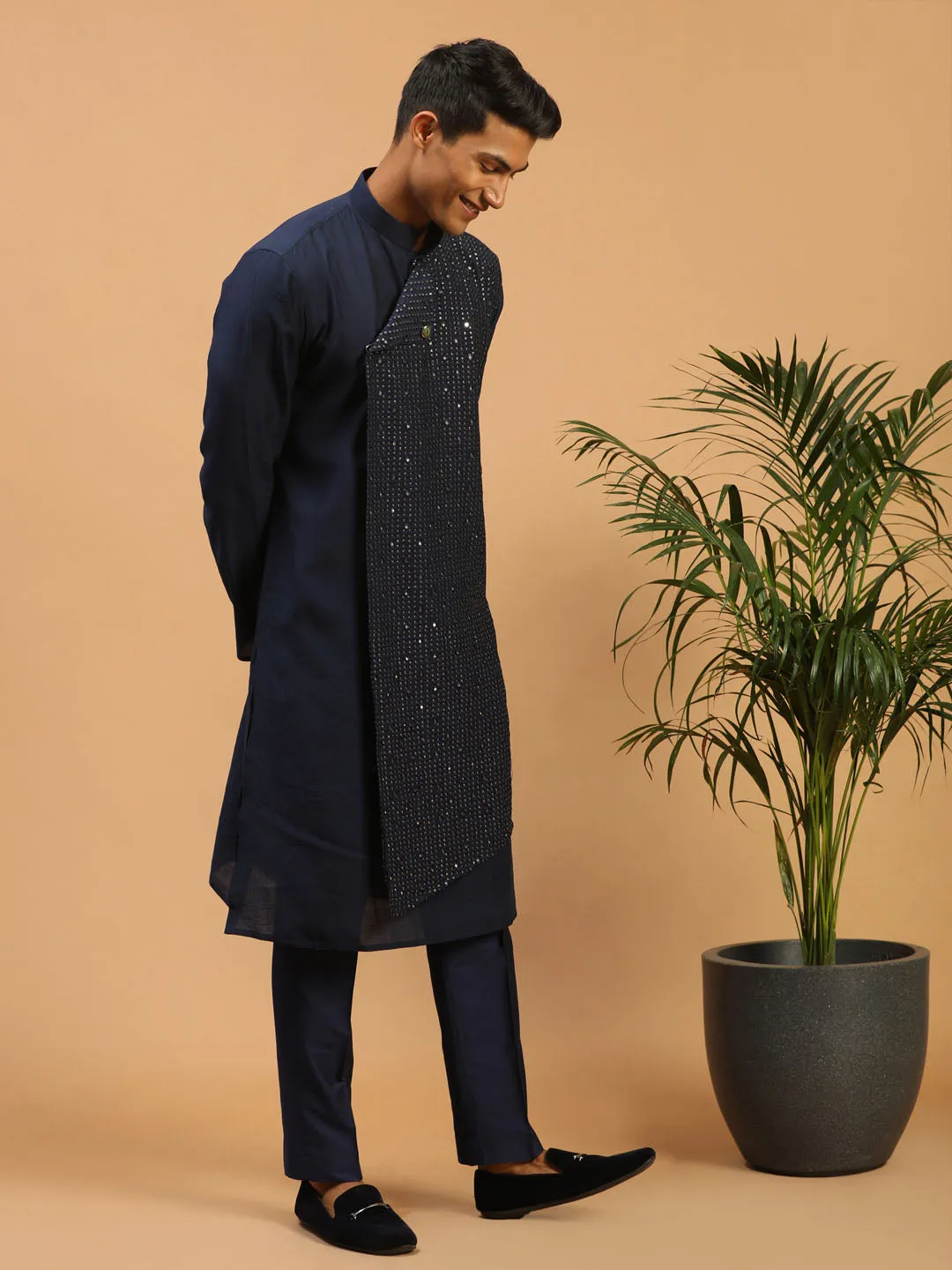 Jashvi Men's Navy Blue Sequined Layered Kurta With Blue Pant Style Pyjama Set