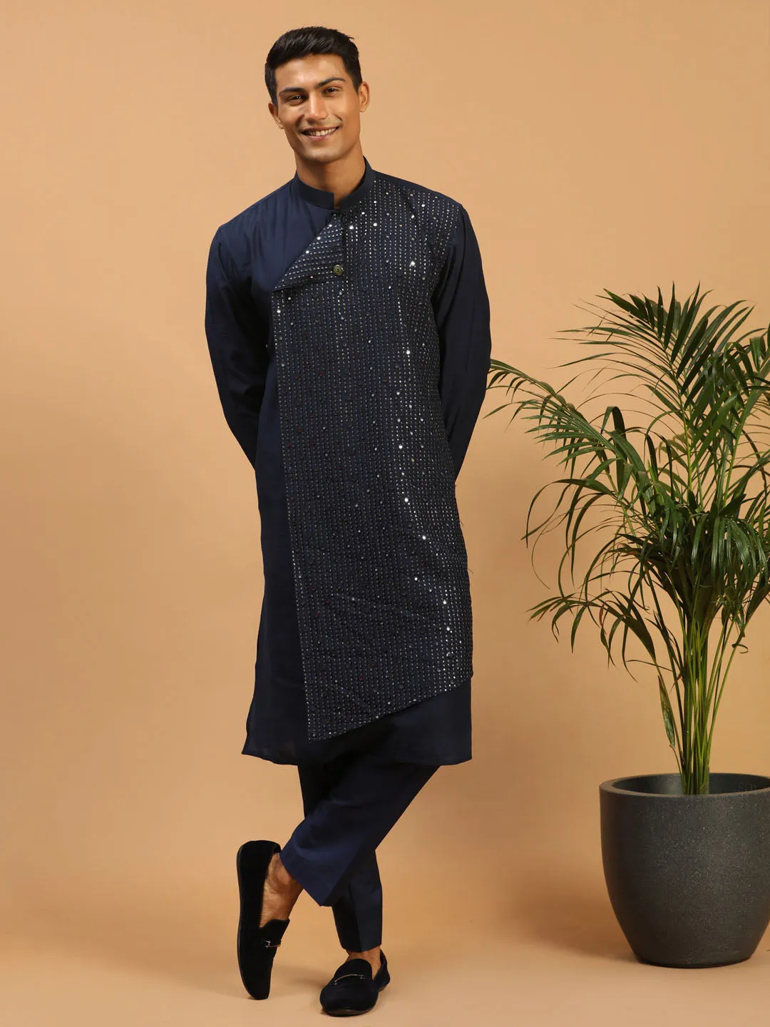Jashvi Men's Navy Blue Sequined Layered Kurta With Blue Pant Style Pyjama Set