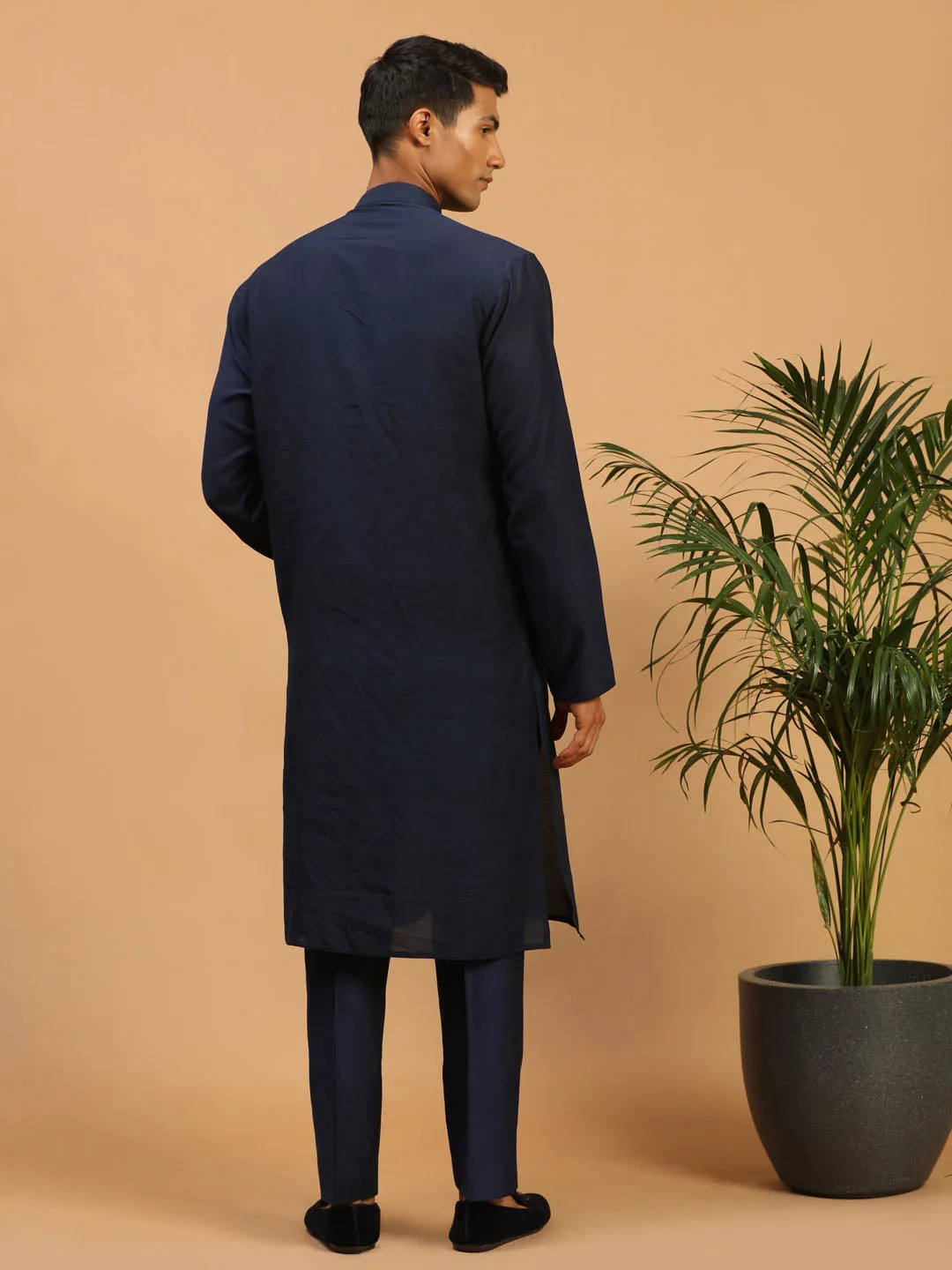 Jashvi Men's Navy Blue Sequined Layered Kurta With Blue Pant Style Pyjama Set