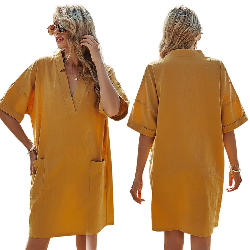 KittenAlarm - New Women's Solid Color V-neck Akimbo A-line Skirt Bag Casual Loose Short-Sleeved Dress
