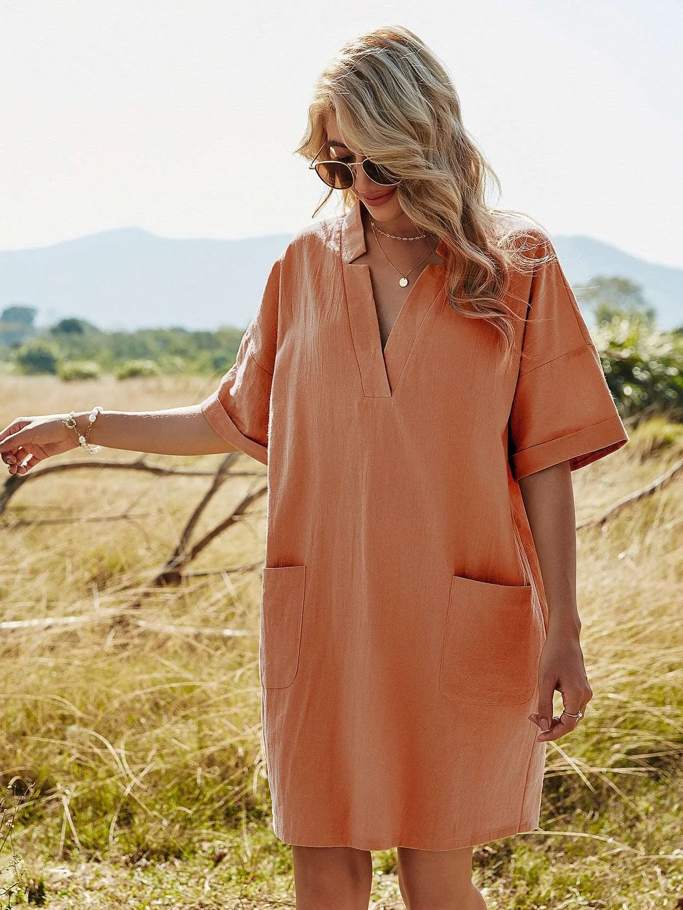 KittenAlarm - New Women's Solid Color V-neck Akimbo A-line Skirt Bag Casual Loose Short-Sleeved Dress
