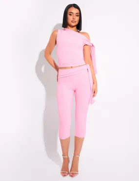 Knot Detail Tie Side Luxe Slinky Capri Pants Pink