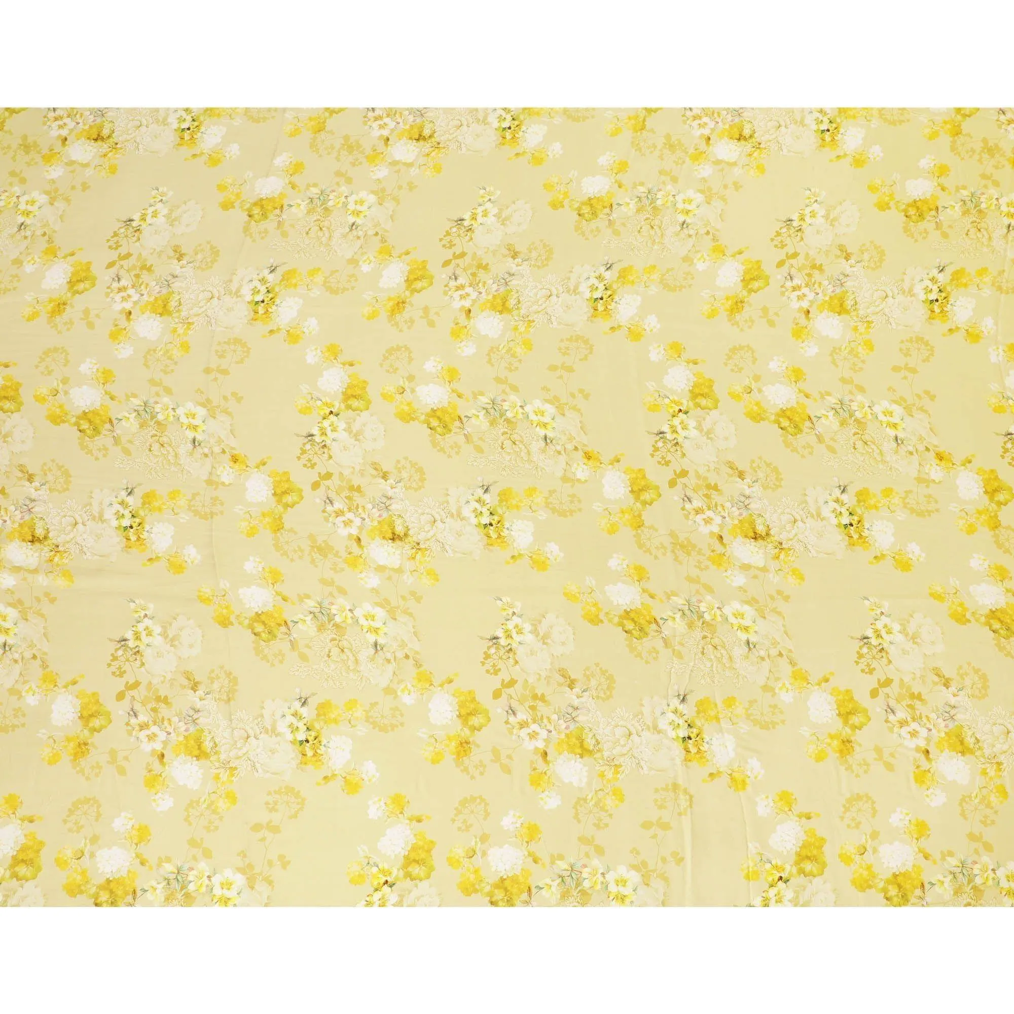 Laguna yellow viscose modal satin fabric with off white and light mustard print in floral design-D7425