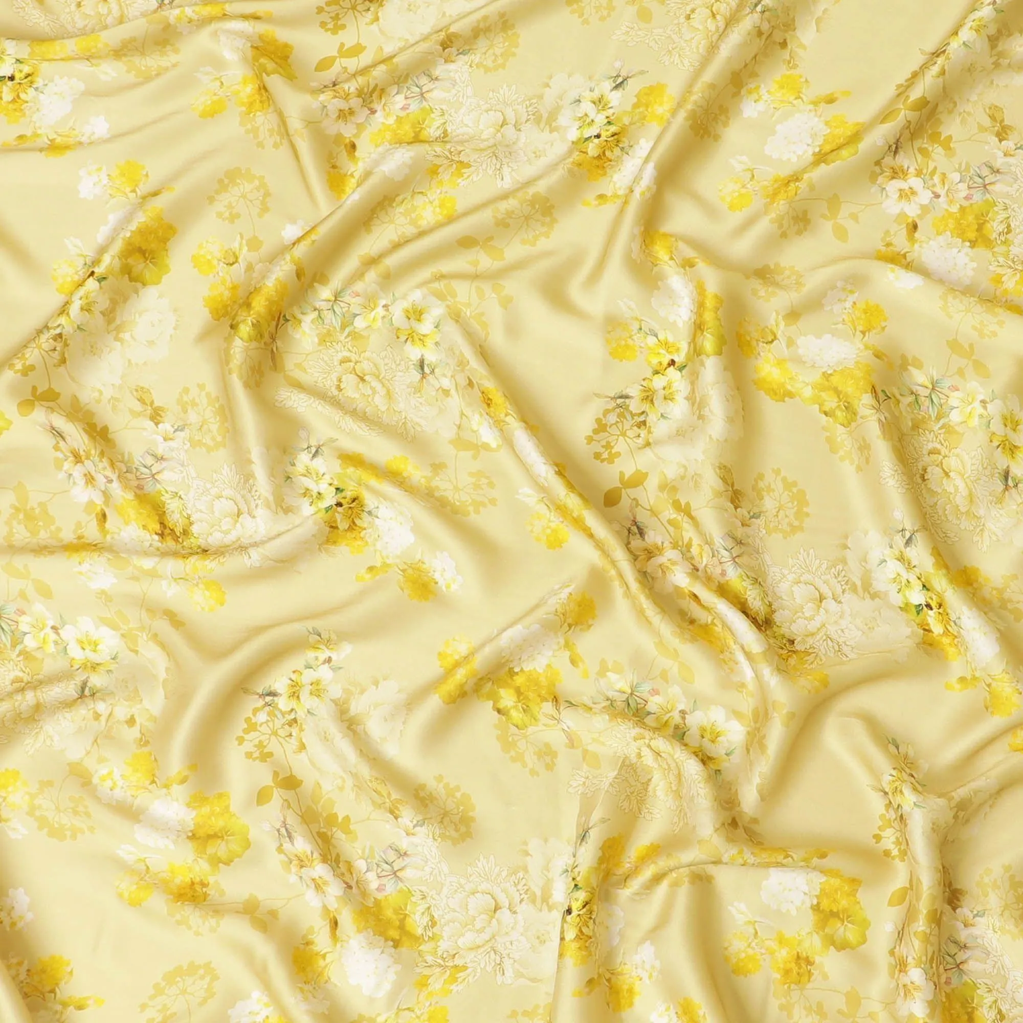 Laguna yellow viscose modal satin fabric with off white and light mustard print in floral design-D7425
