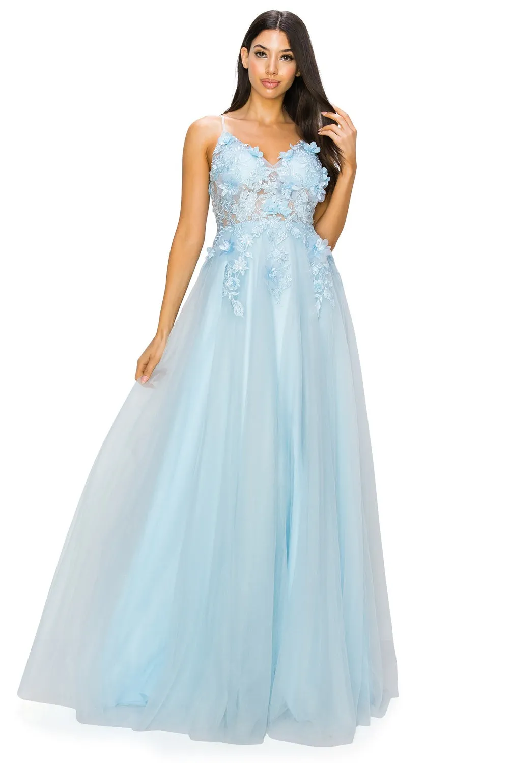 Layered Tulle Embroidered Bodice Long Prom Dress