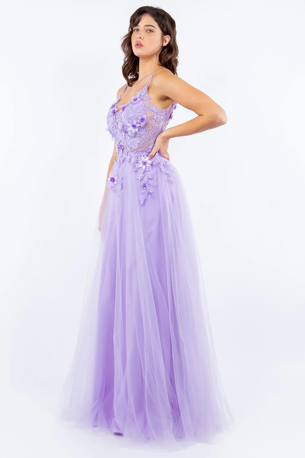 Layered Tulle Embroidered Bodice Long Prom Dress