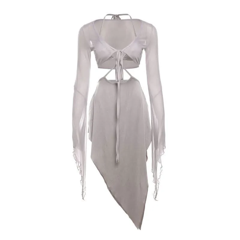 Long sleeve ruffle v neck self tie mesh midi skirt set