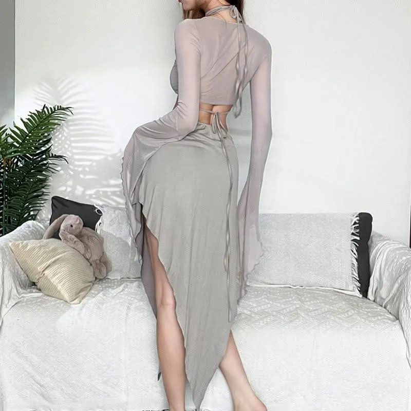 Long sleeve ruffle v neck self tie mesh midi skirt set