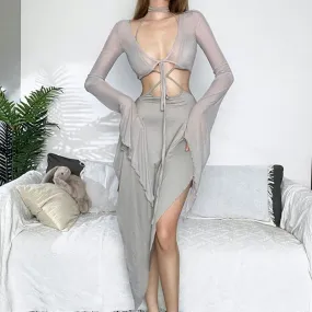 Long sleeve ruffle v neck self tie mesh midi skirt set