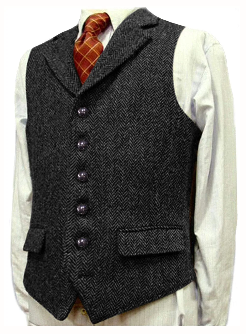 Men's Classic vintage Vest Tweed Herringbone Notch Lapel Waistcoat