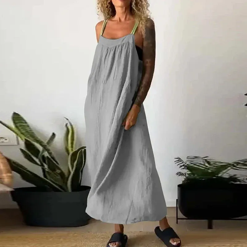 Multi Color Holiday New Summer Cotton Linen Spaghetti Strap Casual Sleeveless Pocket Long Party Fashion Dress