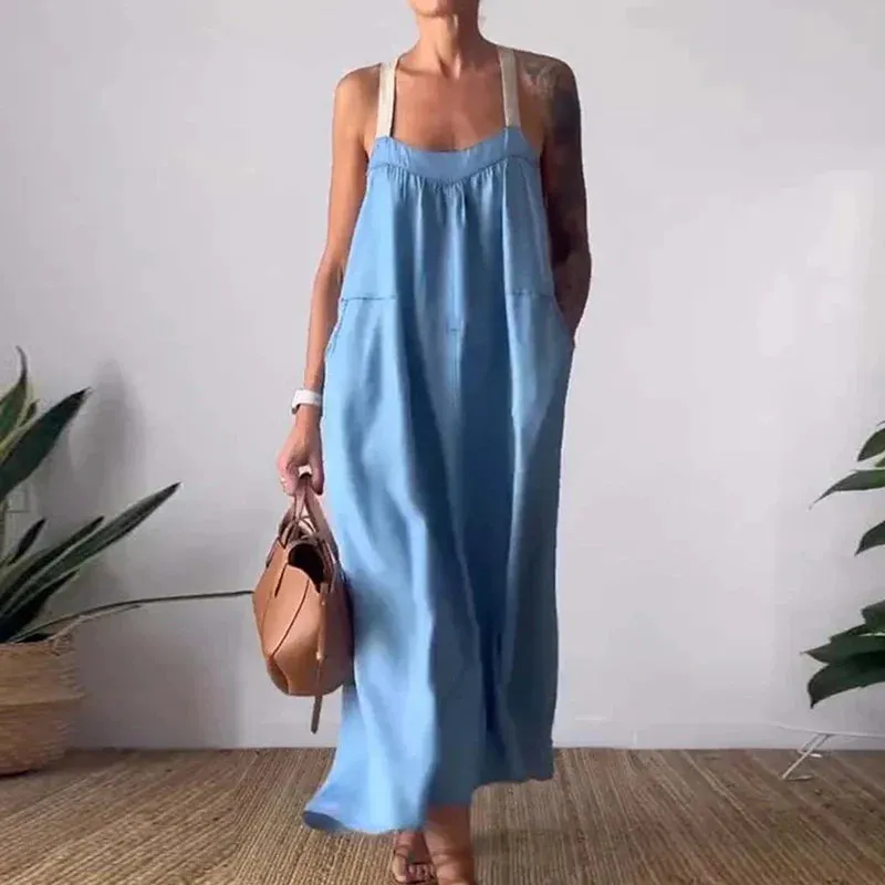 Multi Color Holiday New Summer Cotton Linen Spaghetti Strap Casual Sleeveless Pocket Long Party Fashion Dress