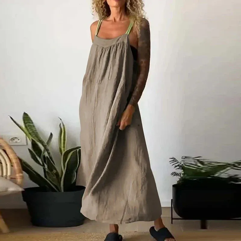 Multi Color Holiday New Summer Cotton Linen Spaghetti Strap Casual Sleeveless Pocket Long Party Fashion Dress