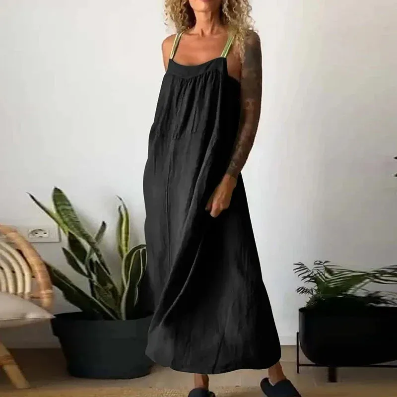 Multi Color Holiday New Summer Cotton Linen Spaghetti Strap Casual Sleeveless Pocket Long Party Fashion Dress