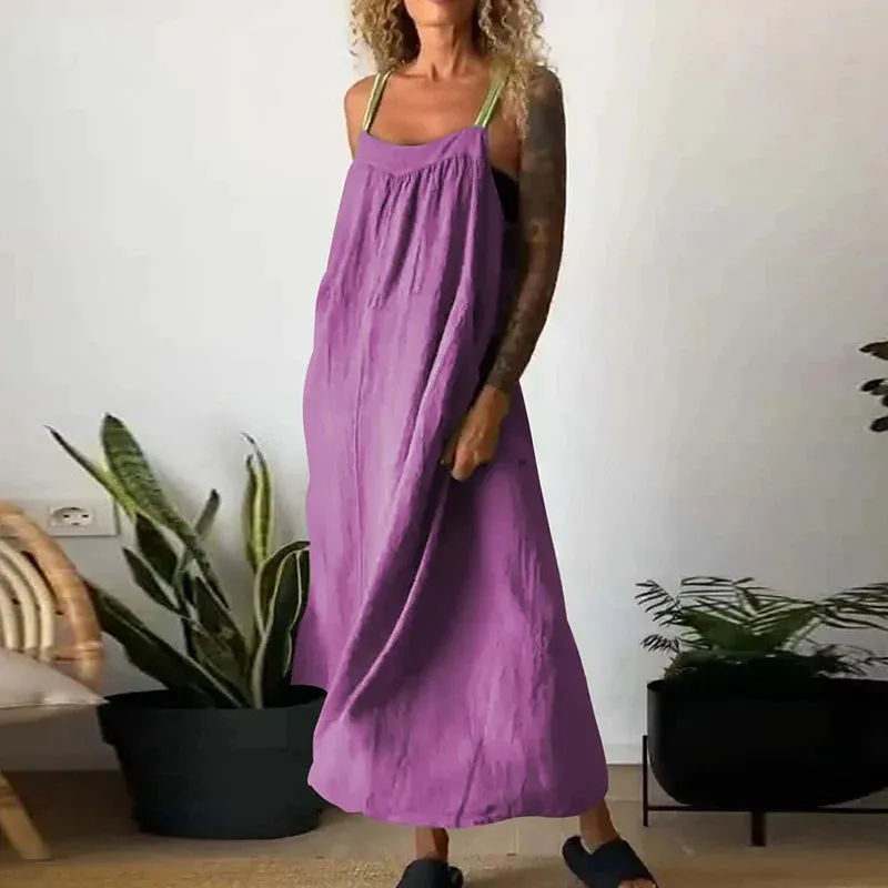 Multi Color Holiday New Summer Cotton Linen Spaghetti Strap Casual Sleeveless Pocket Long Party Fashion Dress