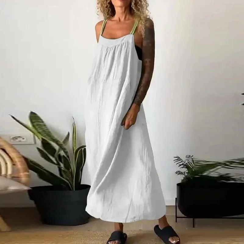 Multi Color Holiday New Summer Cotton Linen Spaghetti Strap Casual Sleeveless Pocket Long Party Fashion Dress