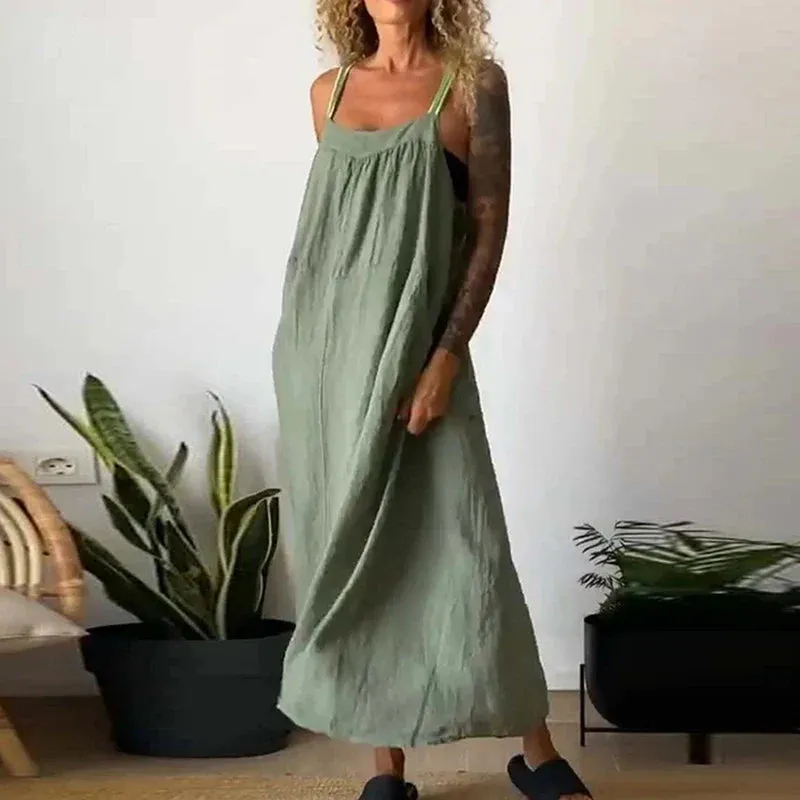 Multi Color Holiday New Summer Cotton Linen Spaghetti Strap Casual Sleeveless Pocket Long Party Fashion Dress