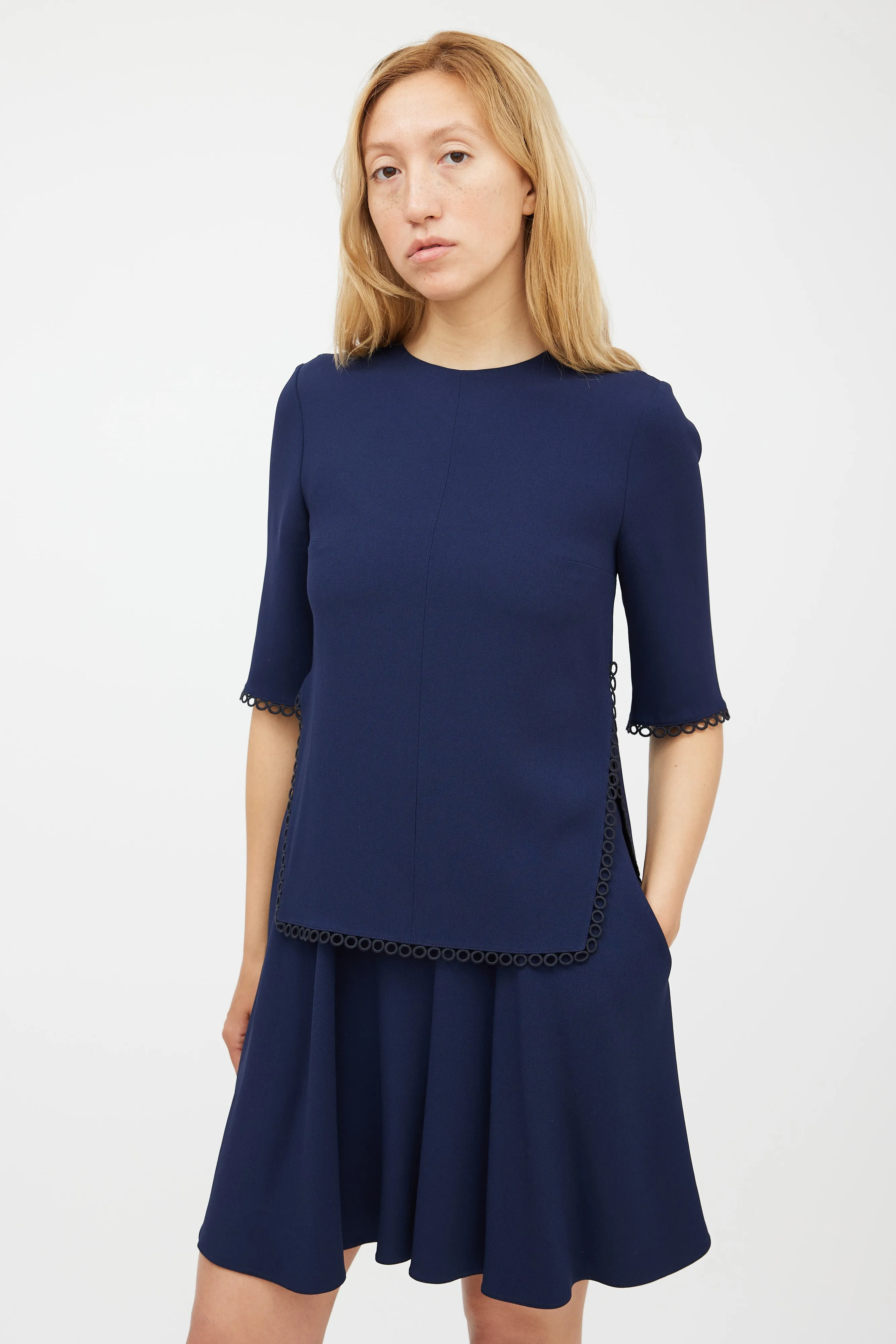 Navy Scalloped Eyelet Dress