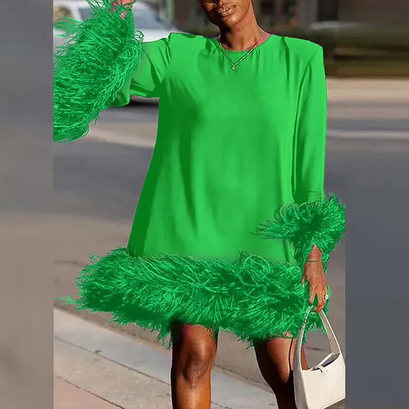 O-neck Long Sleeved Commuting Spring Loose Solid A-line Women's Feather Patchwork Party Elegant Dress