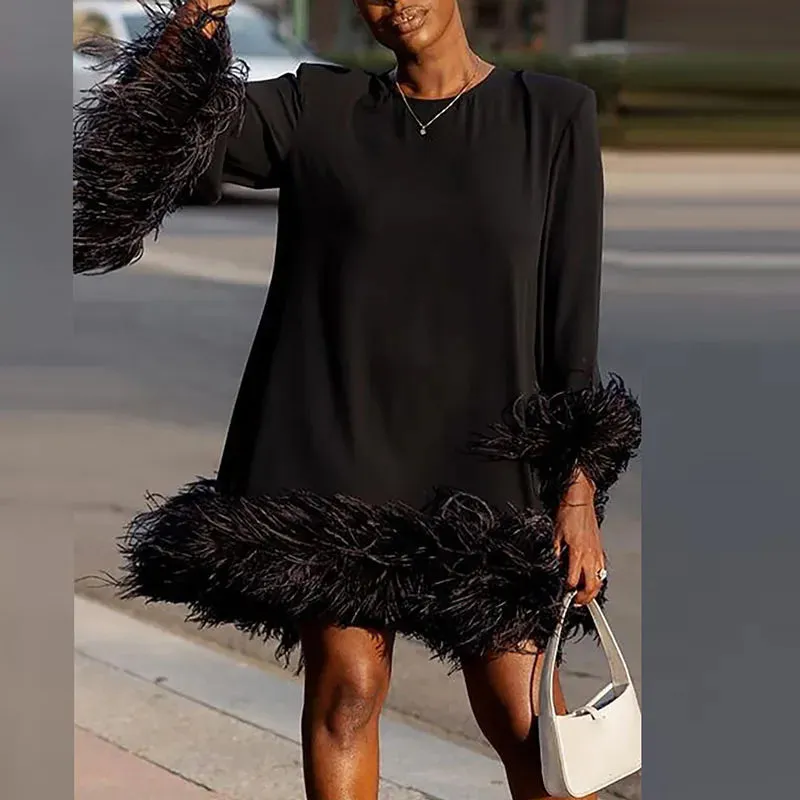 O-neck Long Sleeved Commuting Spring Loose Solid A-line Women's Feather Patchwork Party Elegant Dress