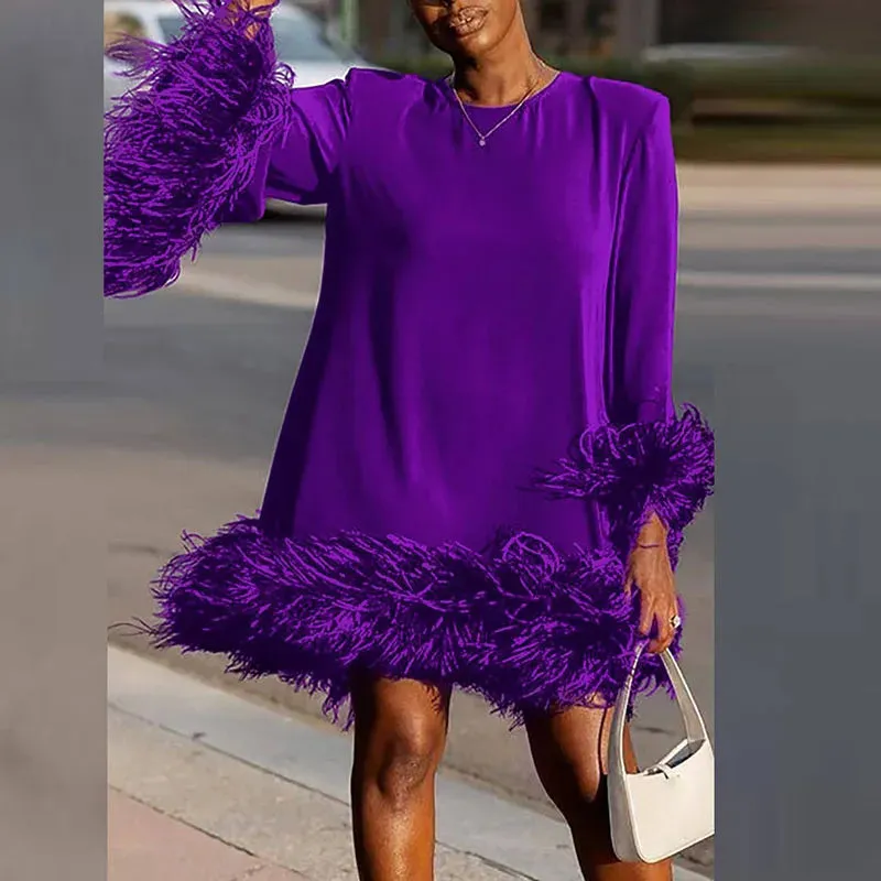 O-neck Long Sleeved Commuting Spring Loose Solid A-line Women's Feather Patchwork Party Elegant Dress