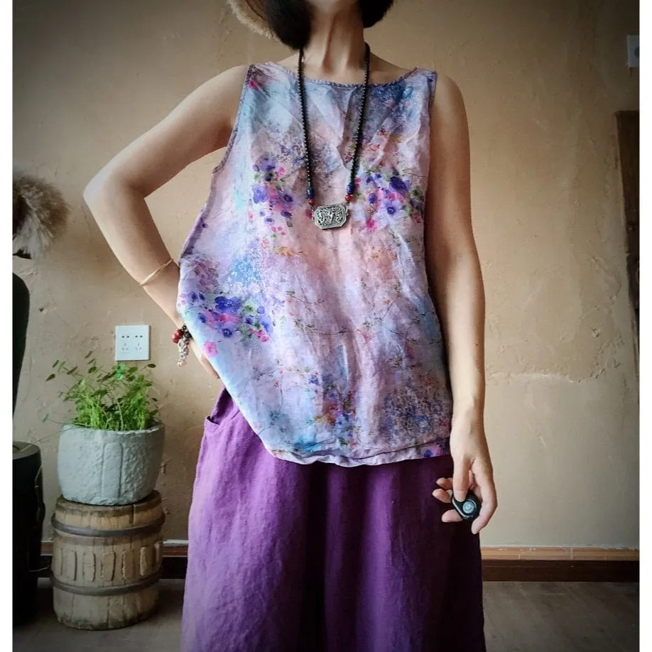 Pastel Floral Linen Tank Top
