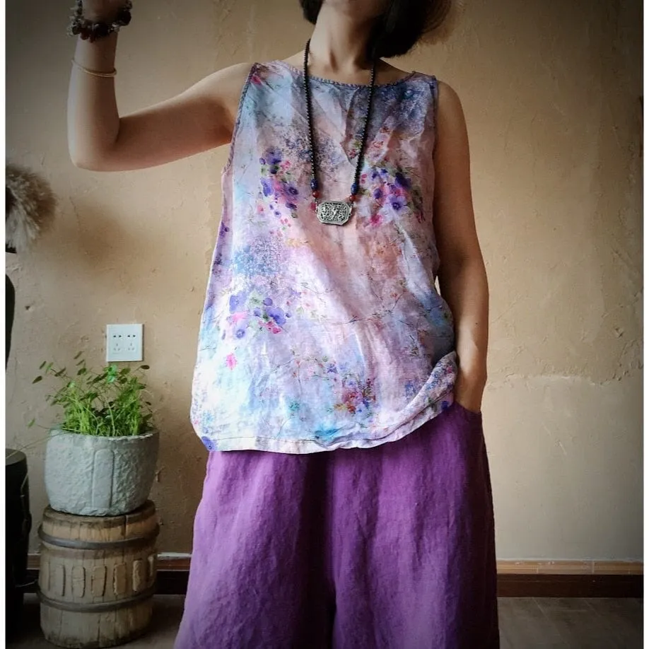 Pastel Floral Linen Tank Top
