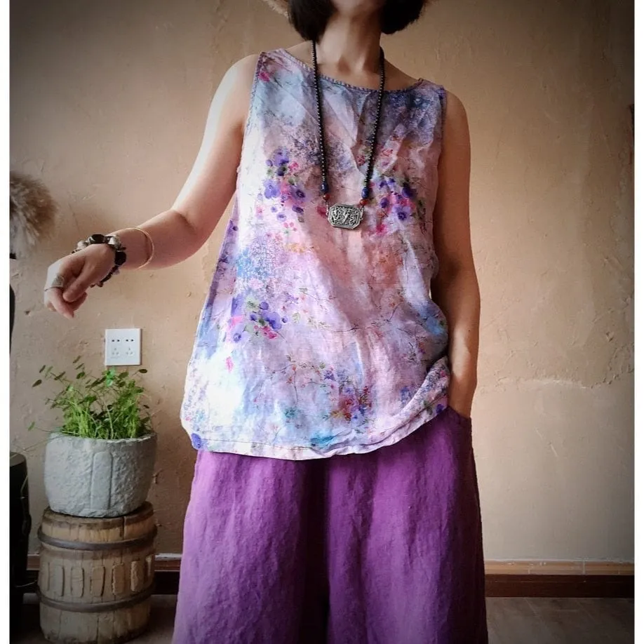 Pastel Floral Linen Tank Top