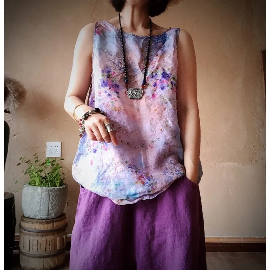 Pastel Floral Linen Tank Top