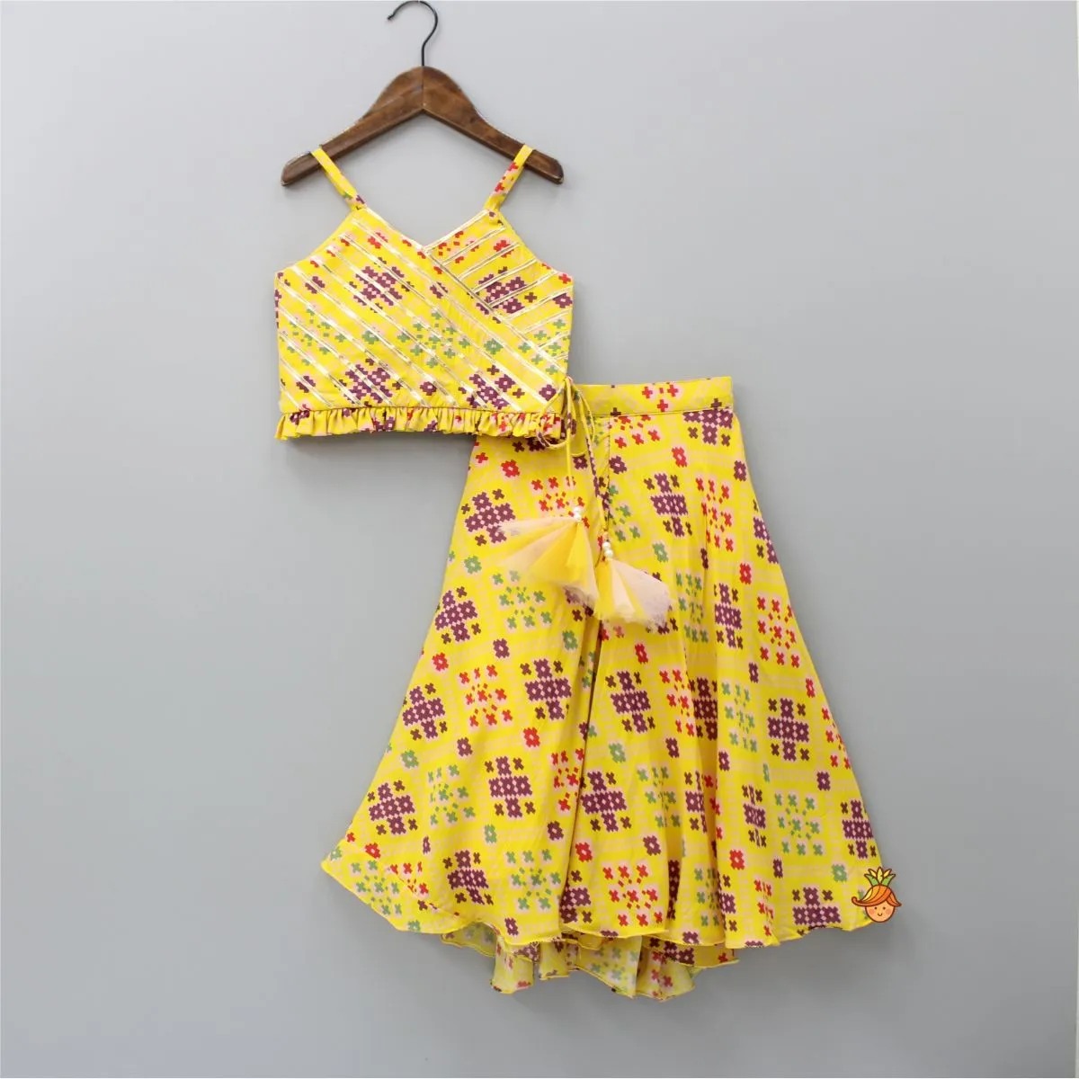 Pre Order: Stylish Patola Printed Yellow Cape Top And Asymmetric Palazzo