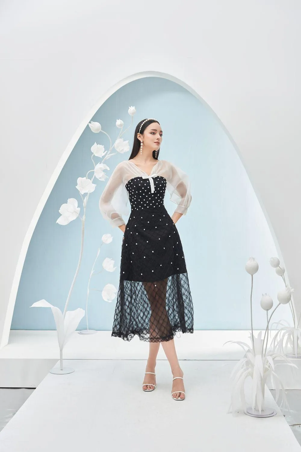Priya A-line See-Through Mesh Sheer Midi Dress
