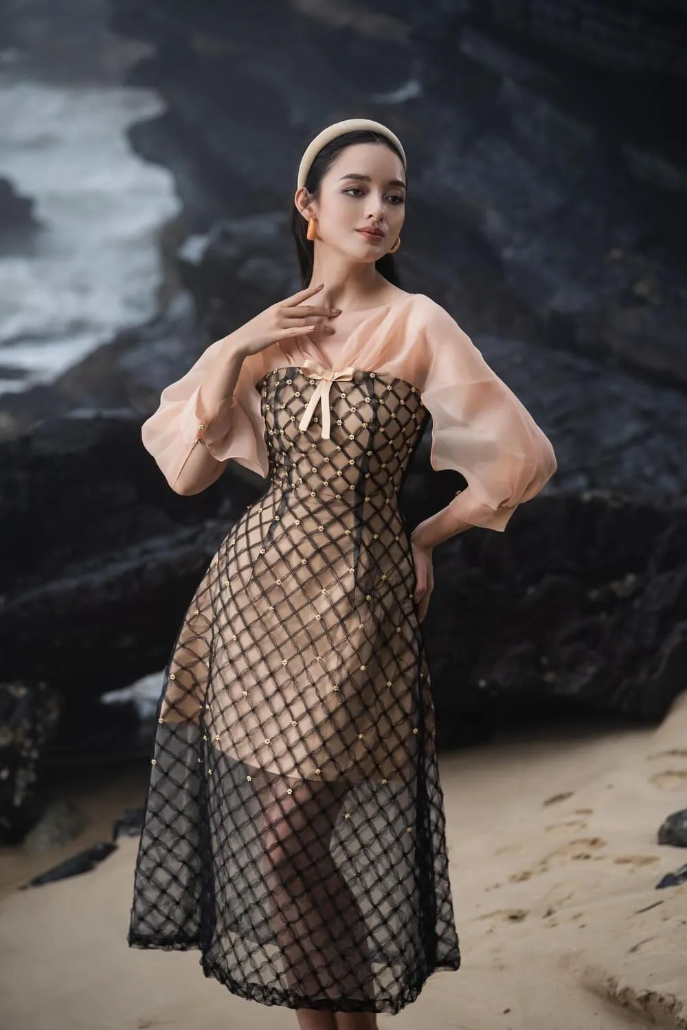 Priya A-line See-Through Mesh Sheer Midi Dress