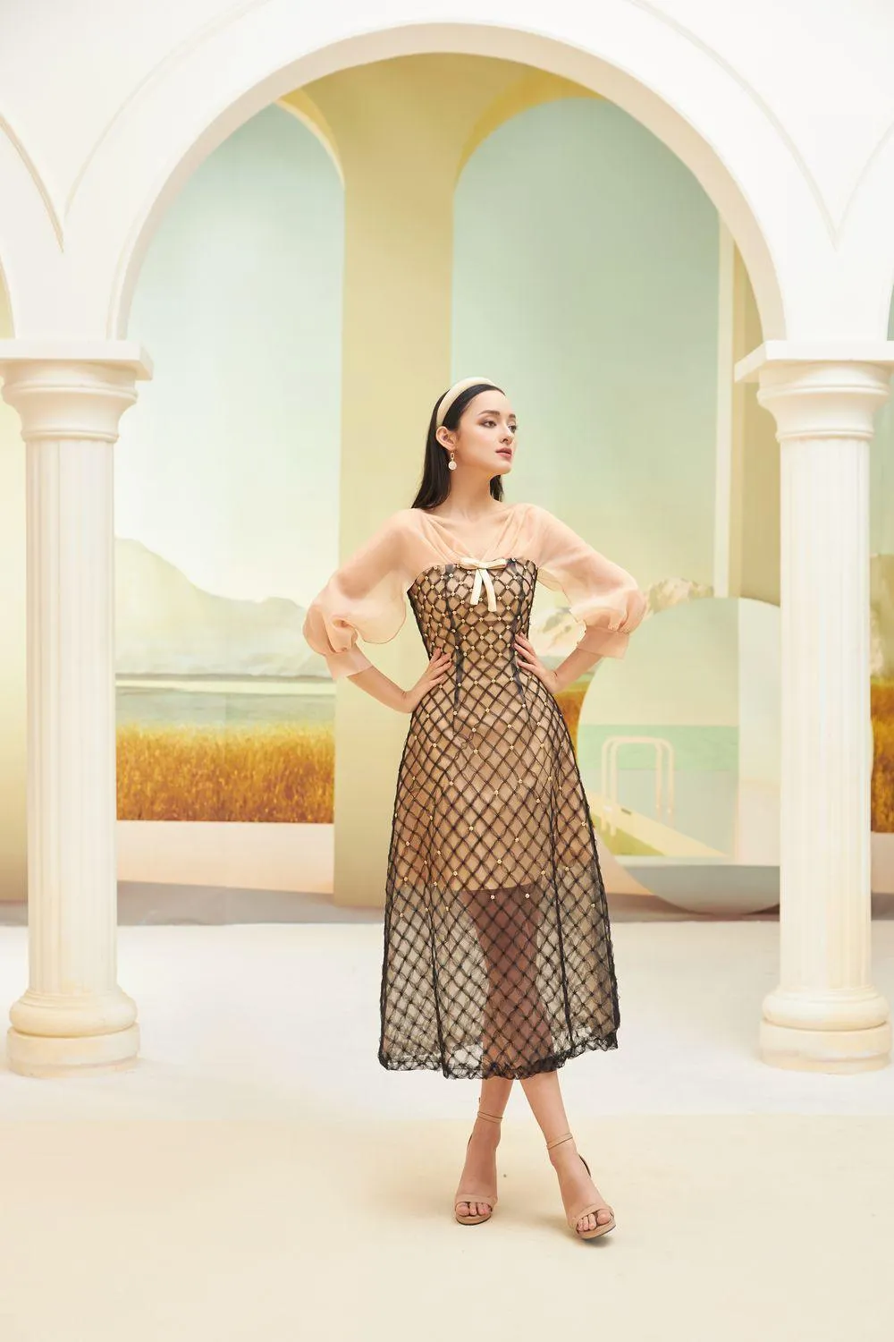 Priya A-line See-Through Mesh Sheer Midi Dress
