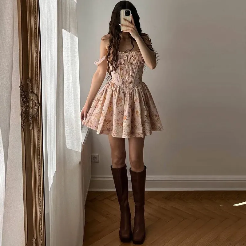 Retro Floral Print Cotton Mini Bodice Dress