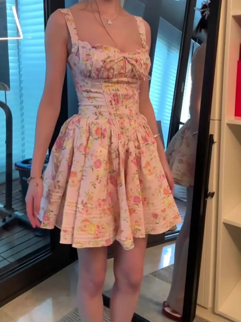 Retro Floral Print Cotton Mini Bodice Dress