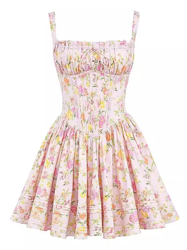 Retro Floral Print Cotton Mini Bodice Dress