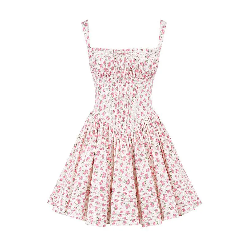 Retro Floral Print Cotton Mini Bodice Dress