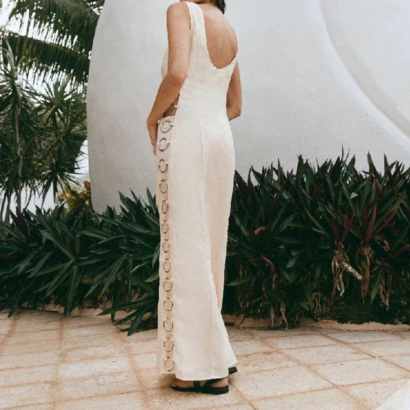 Ring Patchwork Hollow Out Long Summer O-neck Back Split Beach Casual Sleeveless Cotton Linen Party Iron Dress