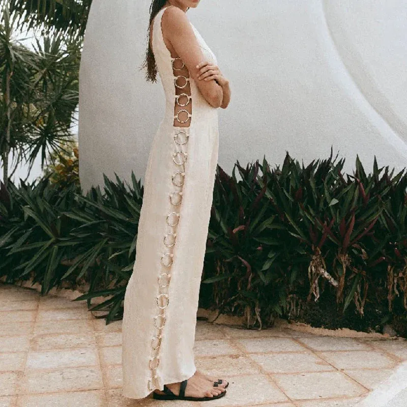 Ring Patchwork Hollow Out Long Summer O-neck Back Split Beach Casual Sleeveless Cotton Linen Party Iron Dress