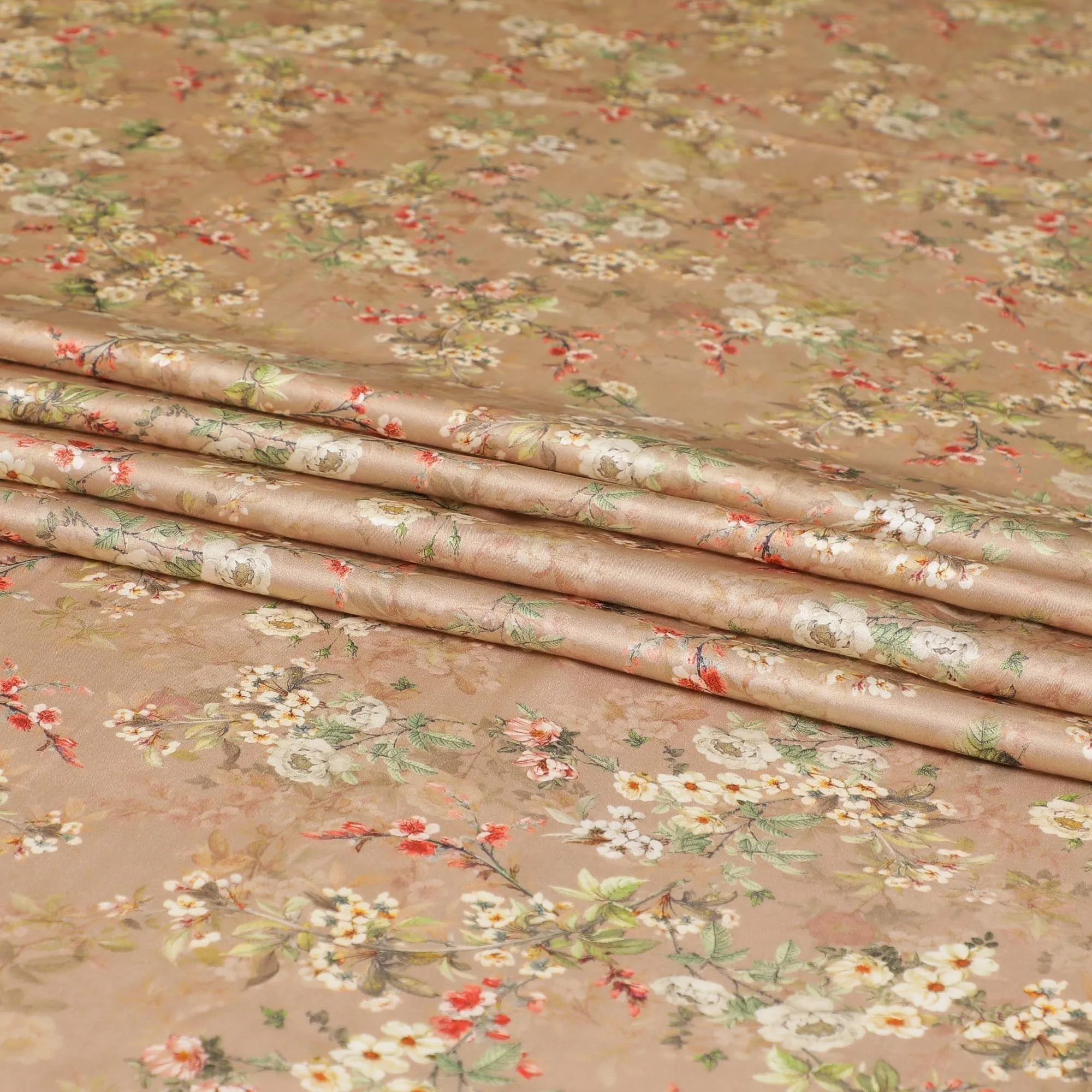 Sandy brown viscose modal satin fabric with ruby pink, olive green and beige print in floral design-D7429