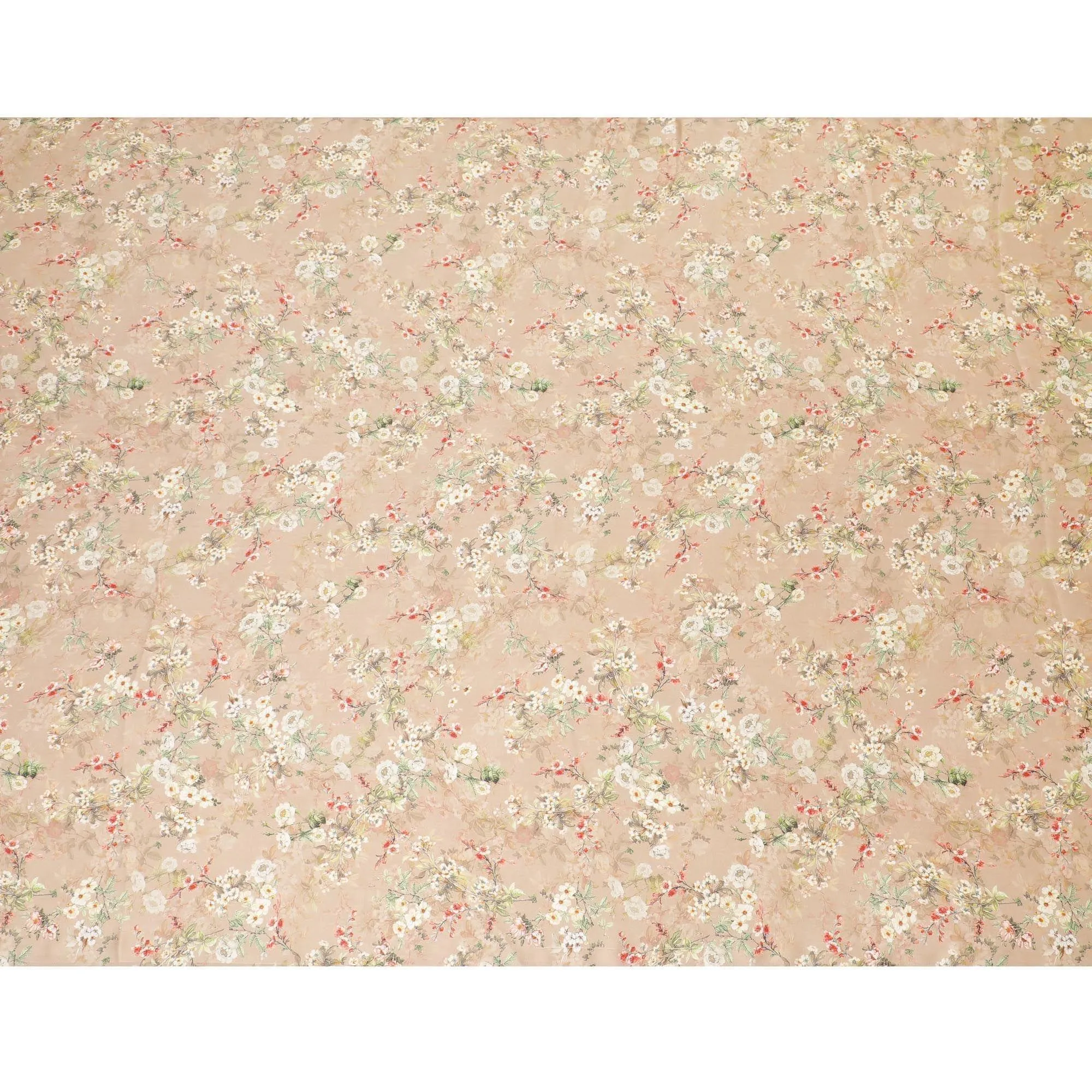Sandy brown viscose modal satin fabric with ruby pink, olive green and beige print in floral design-D7429