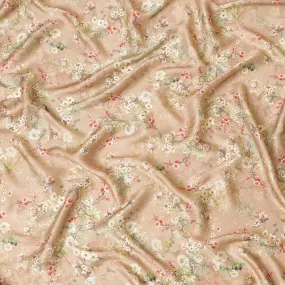 Sandy brown viscose modal satin fabric with ruby pink, olive green and beige print in floral design-D7429