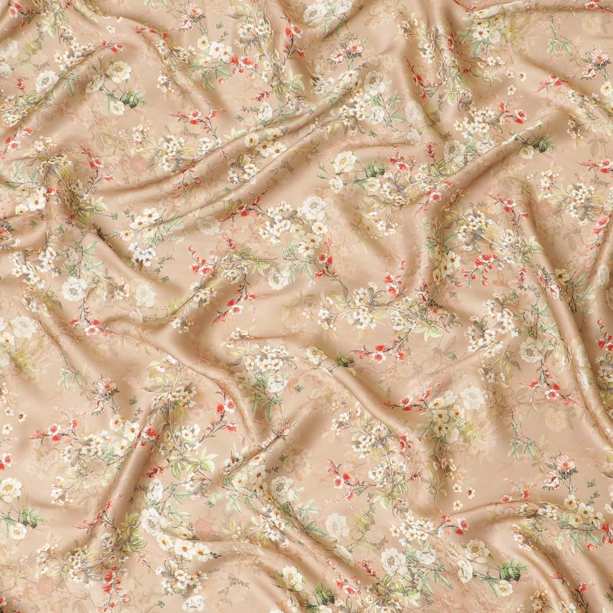 Sandy brown viscose modal satin fabric with ruby pink, olive green and beige print in floral design-D7429